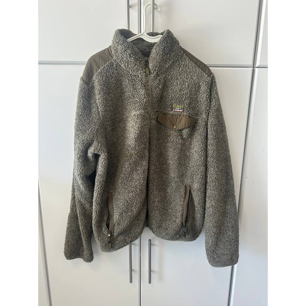 LL Bean Hi-Pile Sherpa Fleece Full Zip Jacket Olive Green Brown Large 505251